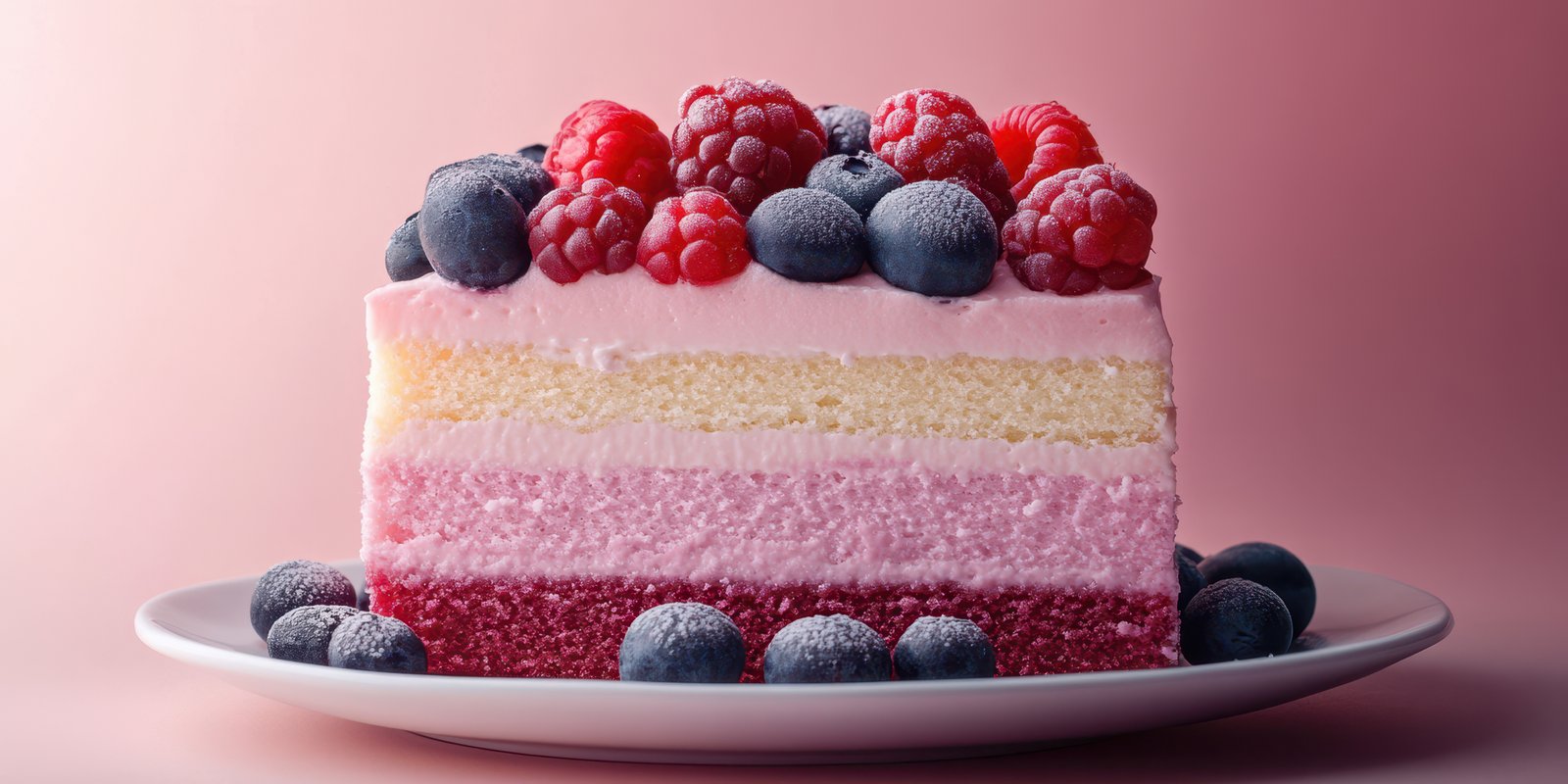 Delicious layered cake topped with fresh berries in pastel colors on a light pink background